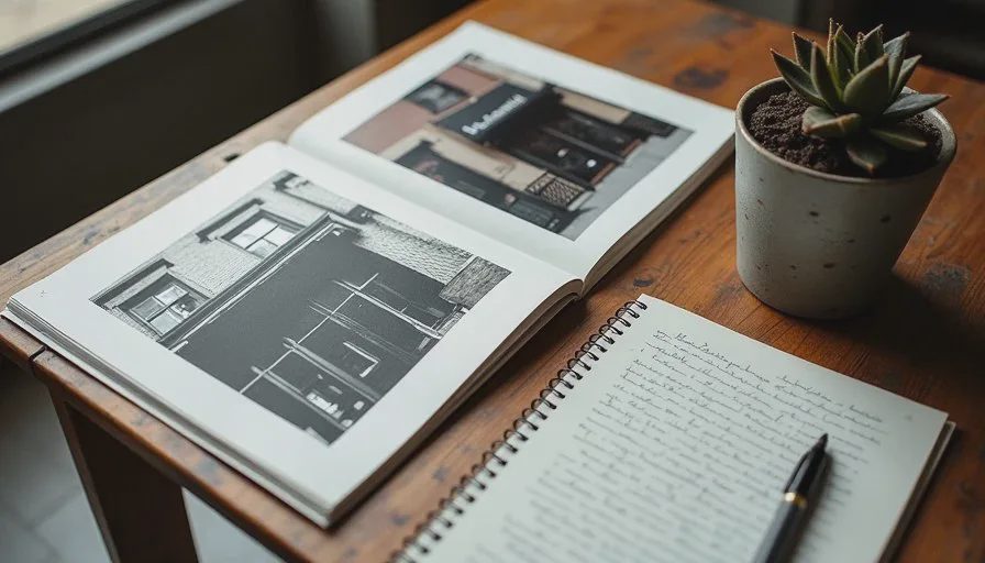 Printed photographs of Brooklyn storefront details arranged with handwritten notes on a wooden table for AI visual reference
