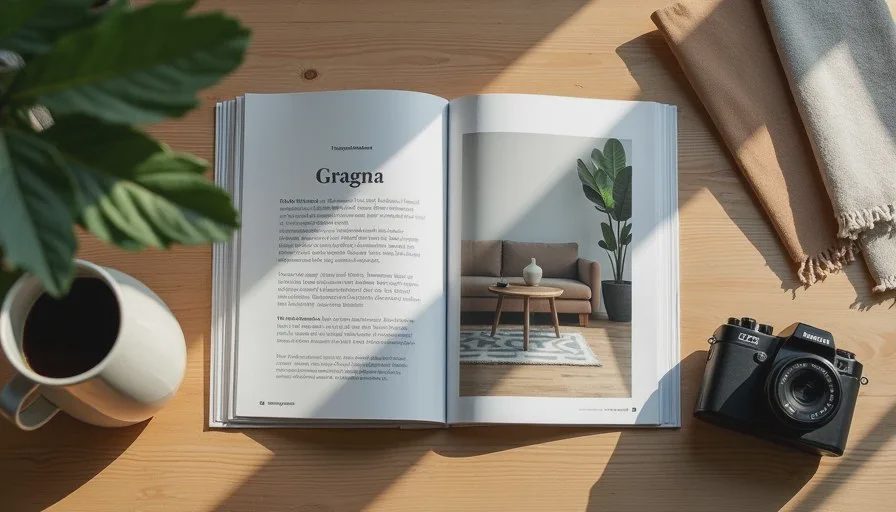 Close arrangement of independent magazine spreads, material samples, and film camera used as real-world brand references
