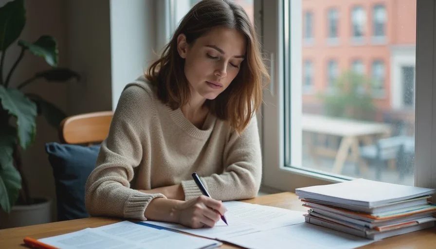 American woman marking up a printed article draft with pen, several pages spread across a desk by a window