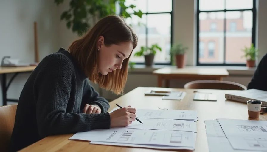 American woman sorting printed content pillars and visual references on a large wooden table in a Brooklyn workspace
