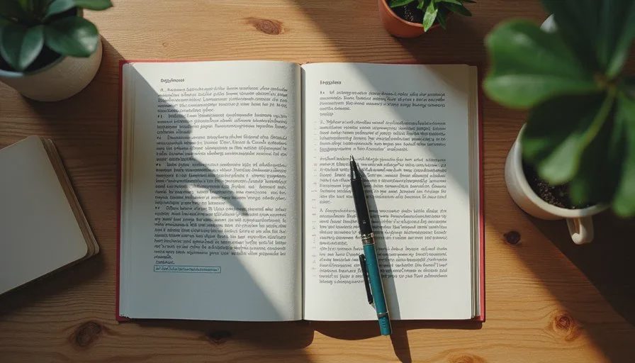Printed draft pages marked in different colors for structure, precision, and voice, spread on a wooden desk