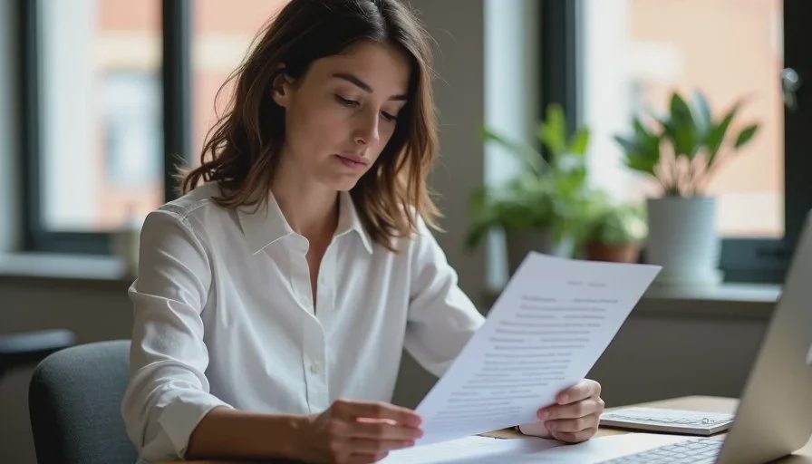American woman reviewing a printed personal-brand draft against a short decision checklist at a desk