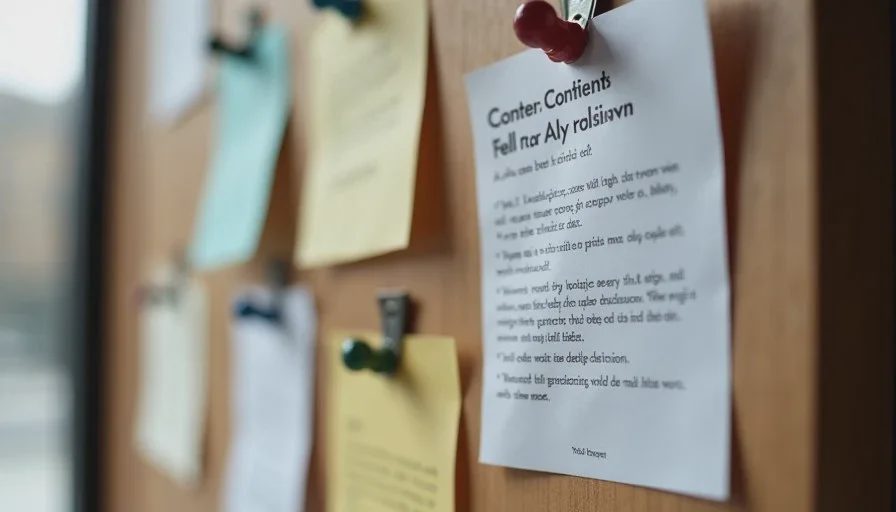 Close view of a personal content system board with voice guidelines, format cards and reference examples pinned neatly