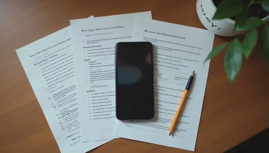 Phone showing a voice memo waveform next to printed transcript pages and handwritten structure notes on a wooden table