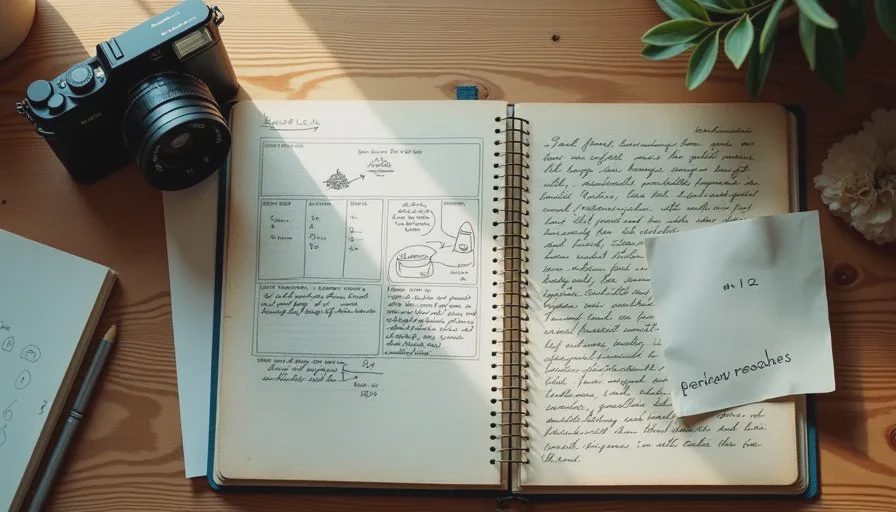 Final research synthesis and key references ready for creative direction Overhead view of a completed research synthesis document, key references, and film camera on a clean wooden desk