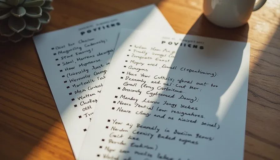 Printed AI image options marked with a finishing checklist and handwritten notes on a wooden table