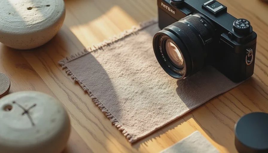 Close still life of real material samples, film camera, and natural light study used as reference for AI brand photography
