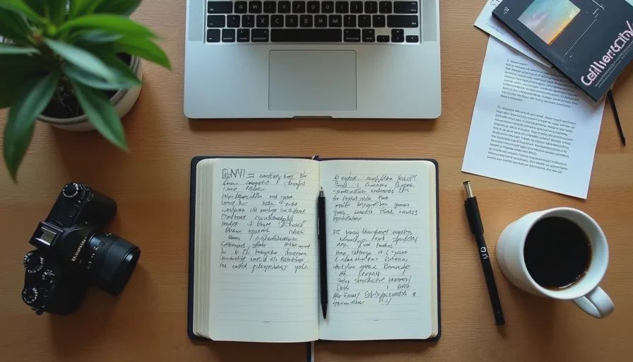 Creative desk in a Brooklyn apartment with open notebook, film camera, laptop showing AI interface, and printed brand brief under soft morning light