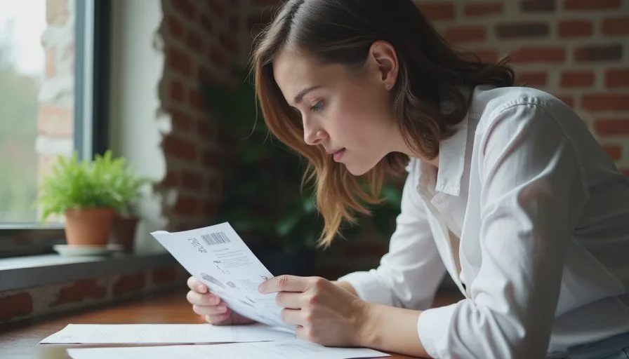 American woman in her early thirties reviewing printed AI image options and brand notes by a Brooklyn apartment window