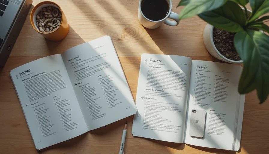 Close arrangement of printed type specimens, hierarchy tests, and handwritten notes on a wooden surface