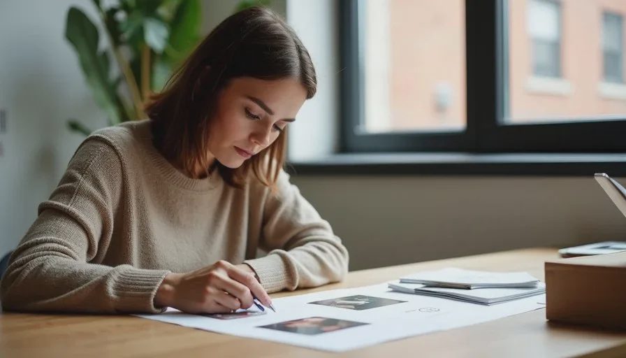 American woman reviewing printed AI brand photographs against real product materials on a wooden table