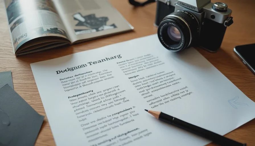 Close arrangement of handwritten decision criteria, real visual references, and film camera on a wooden surface