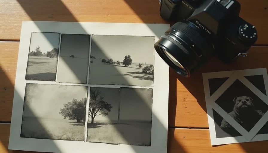 Film contact sheet, compact camera, and a few selected prints laid out on a wooden surface in natural light