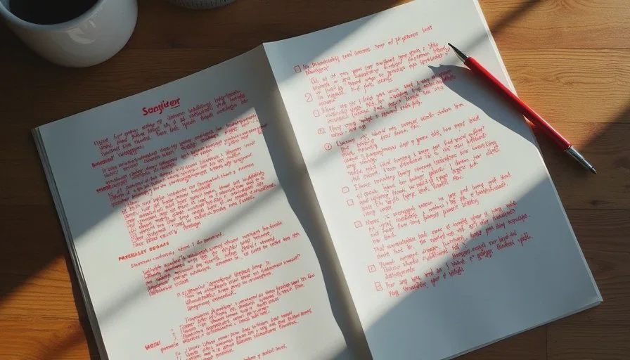 Printed strategy pages marked with pressure-test questions and red annotations on a wooden table