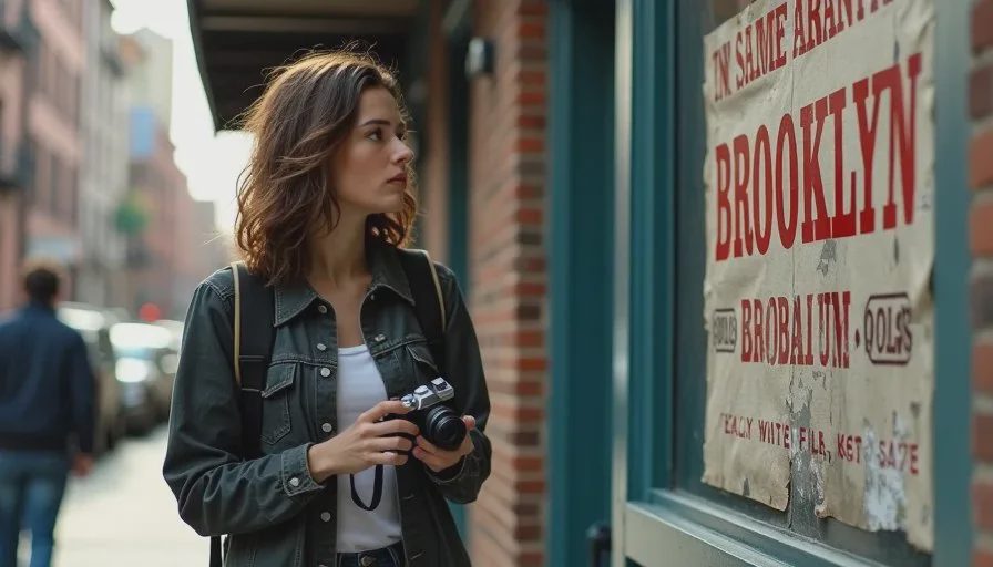 American woman holding a film camera while studying a weathered Brooklyn storefront with hand-painted signage