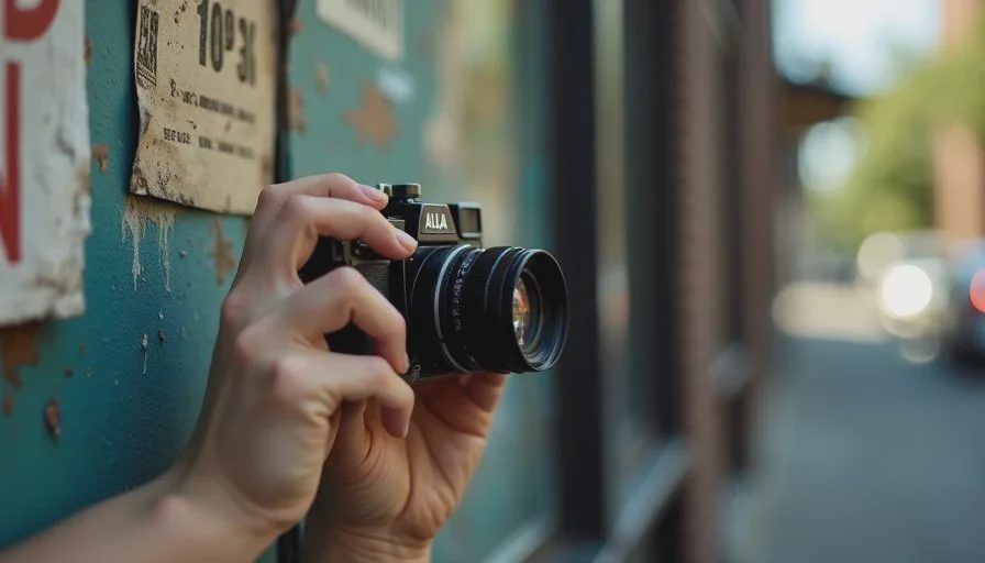 Close view of a compact film camera held against a detailed Brooklyn storefront with peeling paint and layered posters