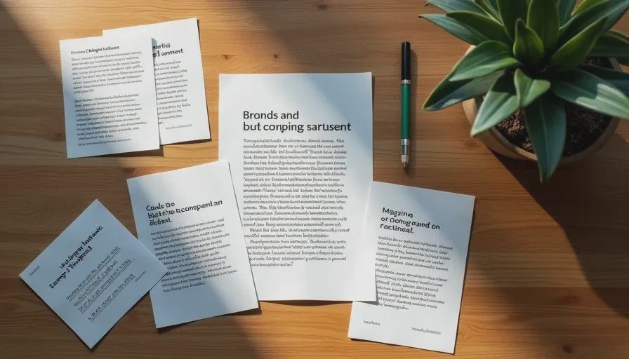 Overhead view of a positioning statement, competitor restatements, and handwritten rejection notes on a wooden table