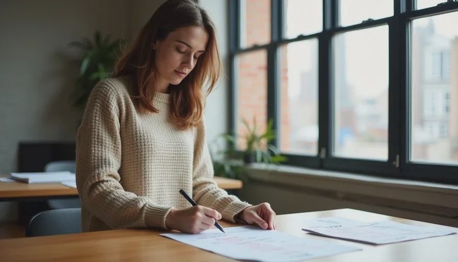 American woman comparing AI-generated brand language against original brief notes on a wooden table