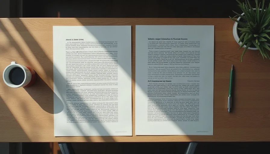 Side-by-side printed pages showing an AI draft and its heavily edited human version on a desk