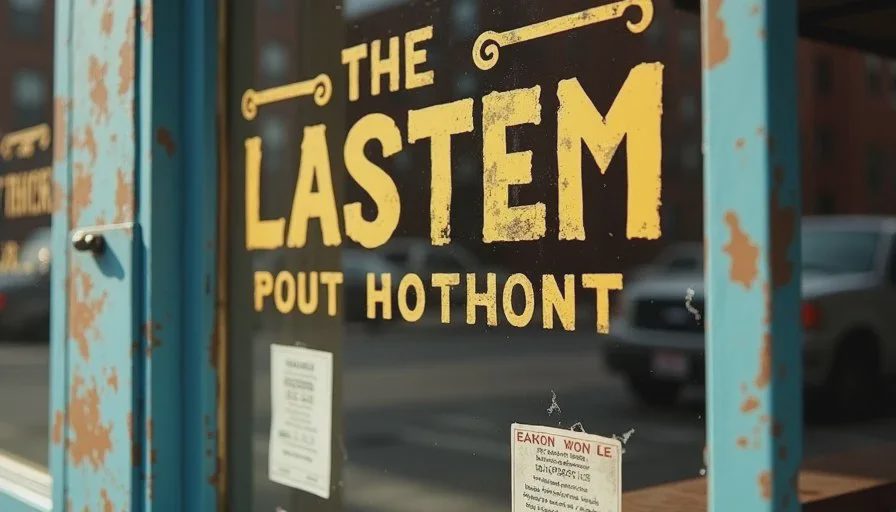 Close-up of a weathered Brooklyn storefront window showing layered posters, hand-painted lettering, reflections and surface residue