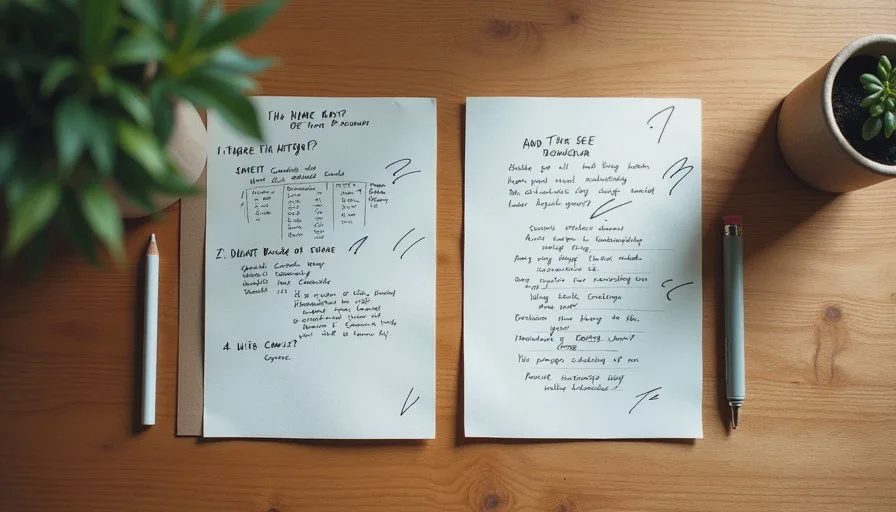 Side-by-side comparison of an early unfinished strategy sketch and a later decided one-page statement on a desk