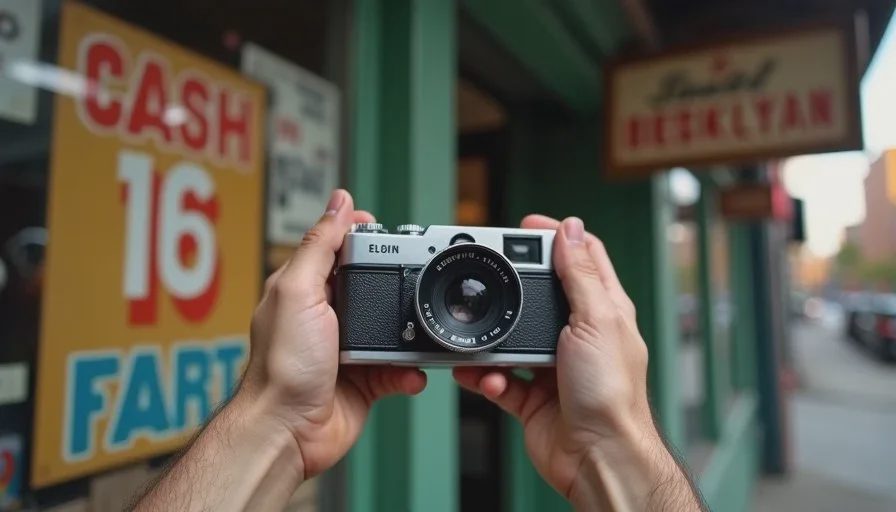 Close-up of a film camera held against a Brooklyn storefront with hand-painted signage, used as visual reference for AI image direction