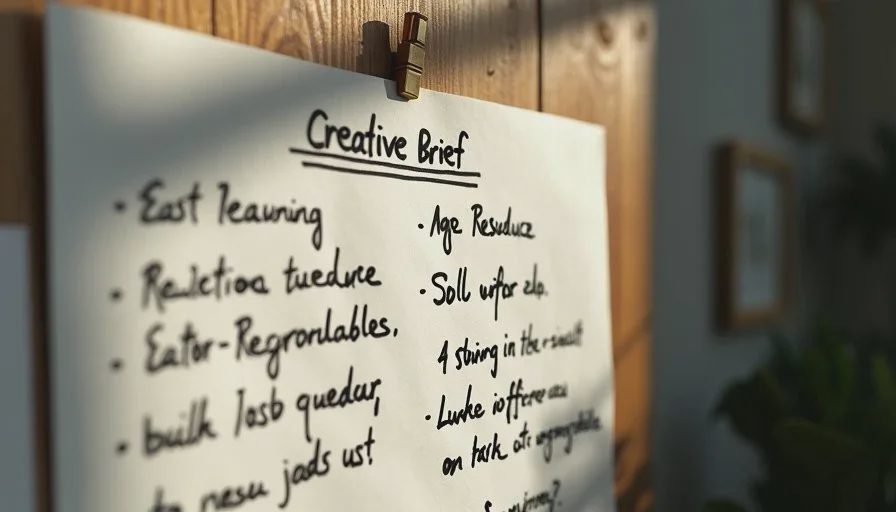 Handwritten one-page brief pinned above a desk as the active direction document for an AI-assisted project