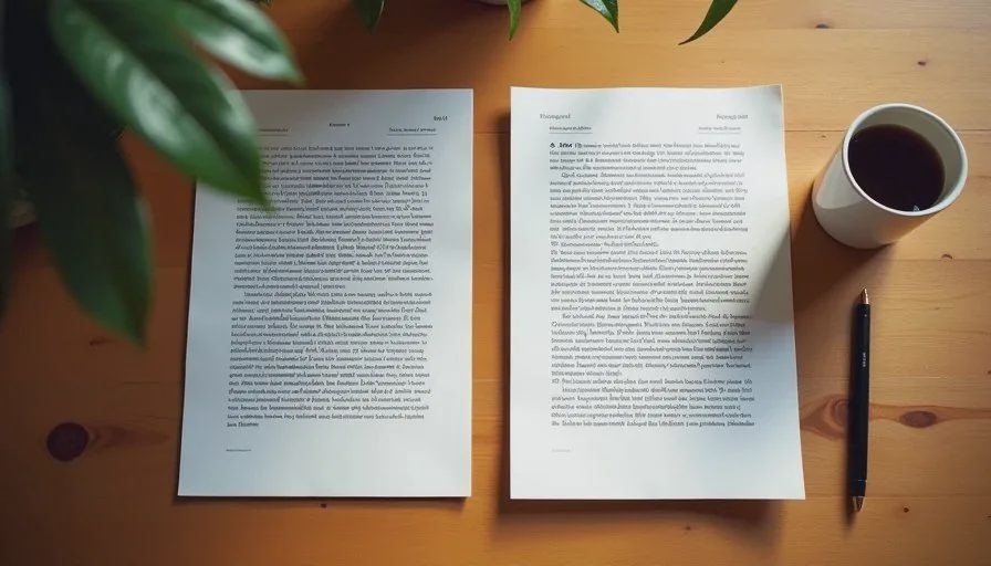 Side-by-side printed pages showing an AI-flattened brand voice draft and its human-edited, more specific version
