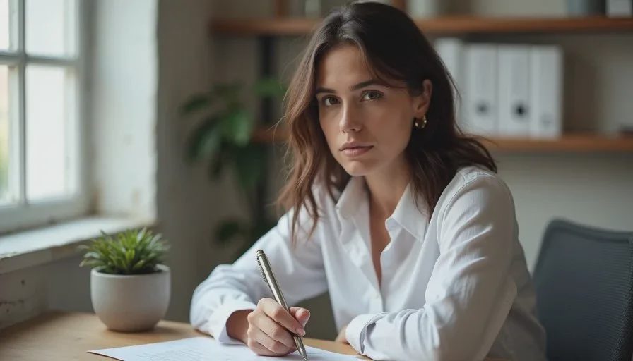 American woman checking a finished AI-assisted piece against the original handwritten brief before approving it