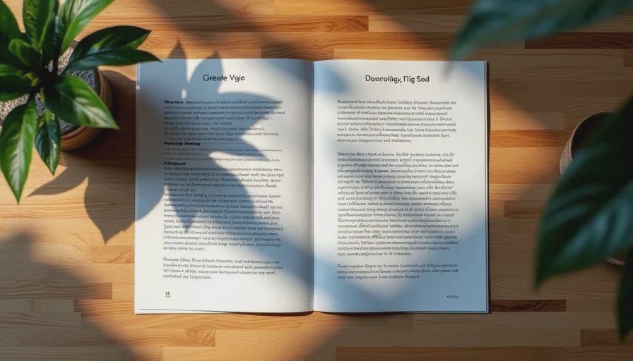 Printed strong brand writing examples and handwritten voice notes arranged on a wooden table as primary source material
