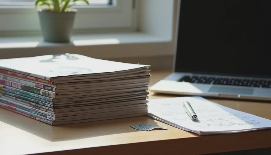 Independent magazines and notes kept as active art direction references Stack of independent magazines with bookmarks and handwritten art direction notes on a desk beside a laptop