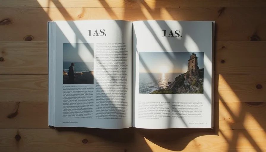 Magazine spread used to study hierarchy and sequencing for AI art direction Open independent magazine spread showing strong hierarchy, photography and typography decisions on a wooden surface